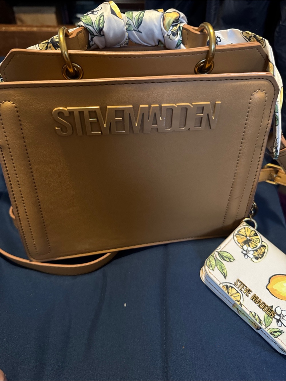 Steve Madden Tan Mini Satchel with Lemon Charm and Floral Scarf